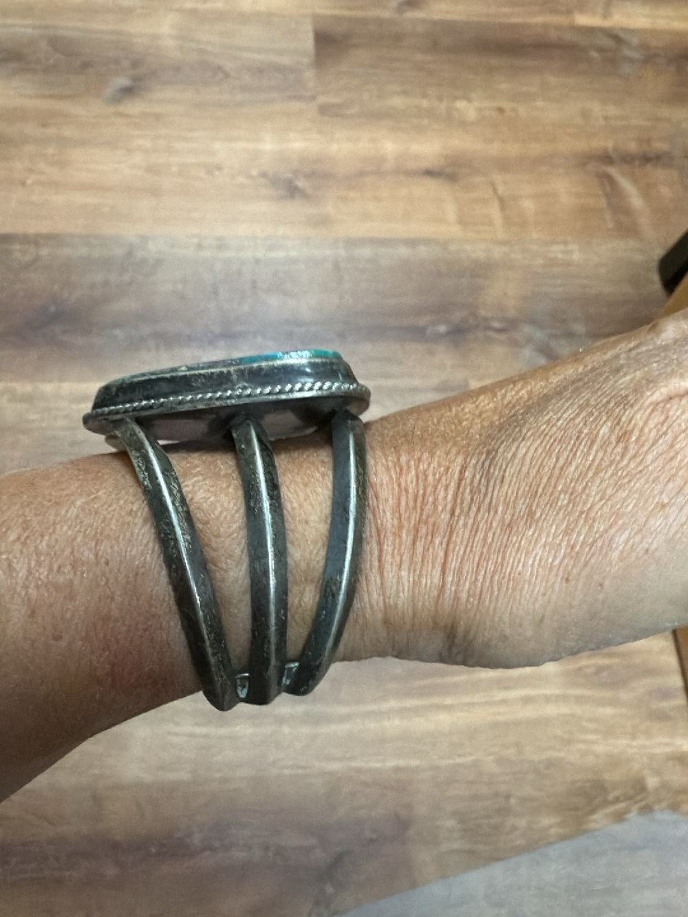 Heavy Sterling Silver Turquoise Statement Cuff Bracelet - Blue-Green Stone - Picture 5 of 5